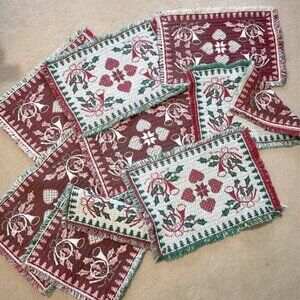 8 Vintage Reversible Christmas Holiday Jacquard Double Woven Fringe Placemats